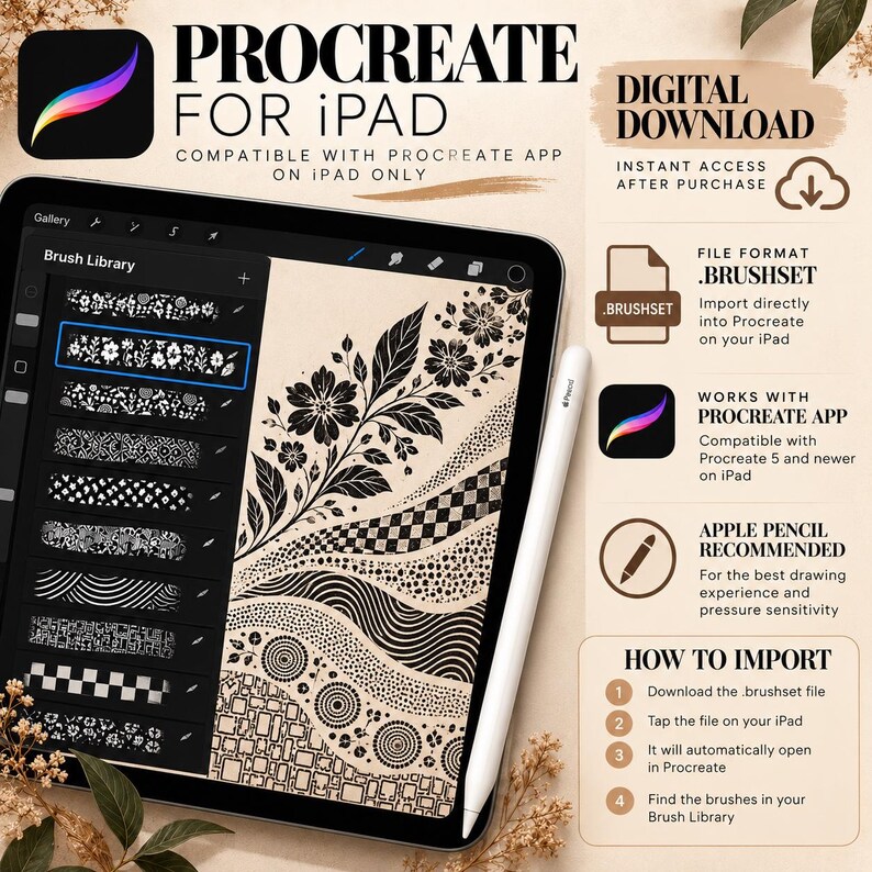Peut inclure: Un ensemble de pinceaux num&eacute;riques pour l'application Procreate sur iPad, pr&eacute;sentant une interface de biblioth&egrave;que de pinceaux avec des motifs floraux et g&eacute;om&eacute;triques. L'image inclut du texte d&eacute;taillant le format de fichier et l'importation.