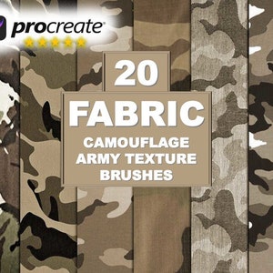 May include: 20 Fabric Camouflage Army Texture Brushes for Procreate. The image shows a collection of digital brushes with different camouflage patterns in shades of brown, green, and white.