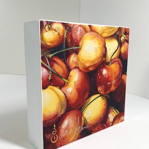 Cherries, Farmer&#39;s Market, Kitchen Decor - Fine Art Print on Wood Panel, 6 x 6 x 1.5 inches