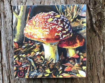 Mushroom, Toadstool, Woodland Decor - Fine Art Print on Wood Panel, 6 x 6 x 1.5 inches