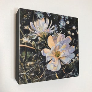 Magnolia Blossoms, Spring Garden - Fine Art Print on Wood Panel, 6 x 6 x 1.5 inches