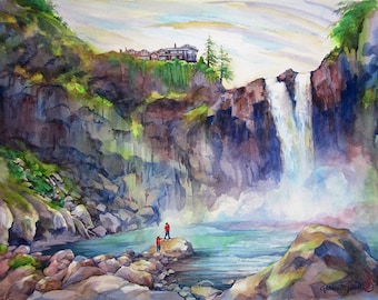 Snoqualmie Falls, Seattle - impression d'art de la peinture à l'aquarelle