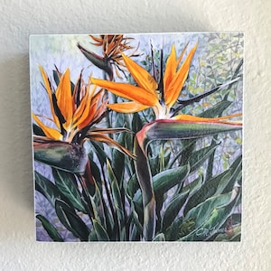 Bird of Paradise Flowers, Jungle Decor - Art Print on Wood Panel, 6 x 6 x 1.5