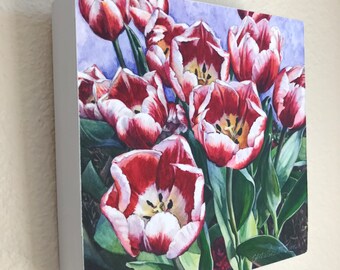 Red Tulips - Fine Art Print on Wood Panel, 6 x 6 x 1.5 inches