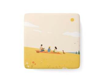 The Art of Unreason Family Picnic Illustration Porcelain Magnet, Square | Summer Meadow Scene
