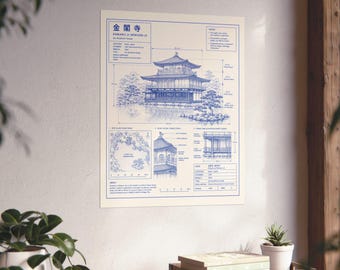 Temple of the Golden Pavilion Kinkaku-Ji Technical Diagram Matte Poster | Kyoto Architectural Print