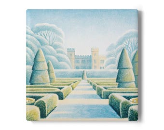 The Unspoken Garden Ceramic Coaster Set, Tranquil Landscape Gift Housewarming, Geometric Design Midimalism Chateaucore Castle Style