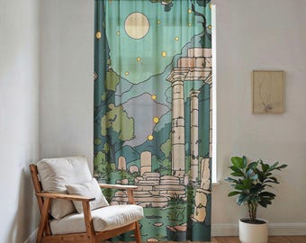 Moonlit Ancient Tranquil Garden Sheer Window Curtain, Beautiful Calming Scenic Panel, Quiet Restful Mediation Home Decor