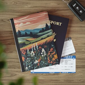 Étui pour passeport, porte-cartes, vallée printanière de fleurs sauvages, coucher de soleil à l'heure d'or de Spring Hills, voyage dans de beaux paysages, voyages d'agrément