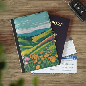 Étui pour passeport, porte-cartes, vallée printanière de fleurs sauvages, coucher de soleil à l'heure d'or de Spring Hills, voyage dans de beaux paysages, voyages d'agrément