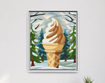 Winter Ice Cream Cone Wall Art, Cozy Mountain Decor, Snowy Scene, Home Decor, Gift for Ice Cream Lovers, Framed Canvas Print