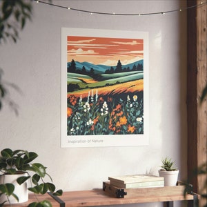 Puede incluir: Una ilustración colorida de un paisaje con un campo de flores en primer plano, una colina verde ondulada en el fondo y un cielo de puesta de sol. El texto "Inspiration of Nature" está en la parte inferior de la imagen.