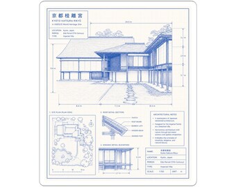 Katsura Detached Palace Technical Diagram Kiss-Cut Stickers | Kyoto Architecture