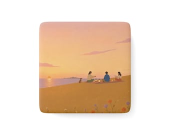 The Art of Unreason Picnic Scene Porcelain Magnet, Square | Lake Sunset Family Friends
