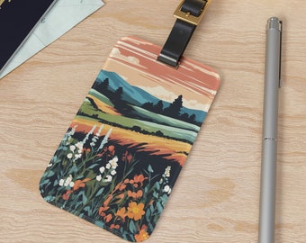 Luggage Tag Travel Accessories, Personal Business Gift, Springtime Wildflower Meadow Valley Spring Hills, Sunset, Beautiful Scenery Journey