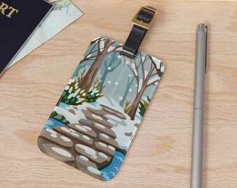 Winter Stone Path Luggage Tag, Snowy Pond Peaceful Scene, Tranquil Meditation Atmosphere, Travel Gift