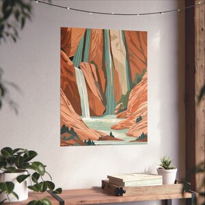 Cartel de las cascadas del majestuoso cañón, impresión de arte paisajístico inspirado en la naturaleza para la decoración del hogar, arte moderno ilustrativo de los campos de campamento al aire libre