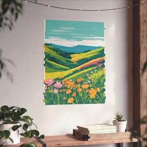 Cartel de arte del paisaje del valle del prado de flores silvestres de primavera, colinas de primavera con vista a la montaña, arte moderno de campos rurales ilustrativos