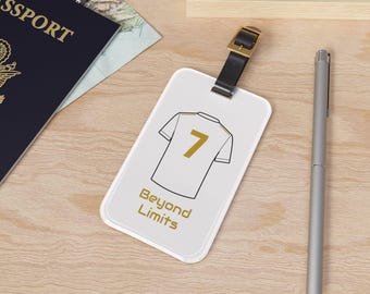 Heritage Number Luggage Tag No. 7, Beyond Limits, Forever Seven, Laurel Wreath Crest, The Legacy Golden, Soccer Theme | GOAL Travel ID Tag
