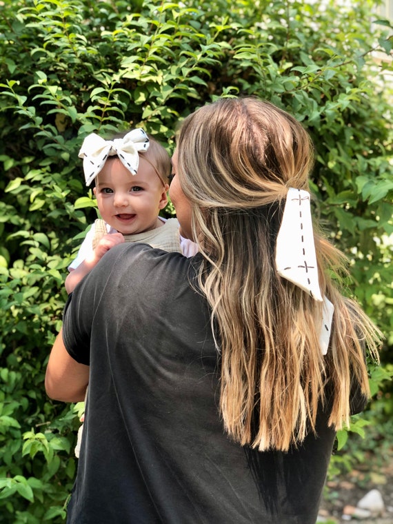 White Plaid Mama&mini Matching Hair Scarf and Baby Bow