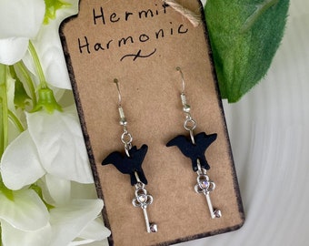 Crow or Blue Jay with Key Earrings | Polymer Clay Hypoallergenic | Raven Bird Earrings