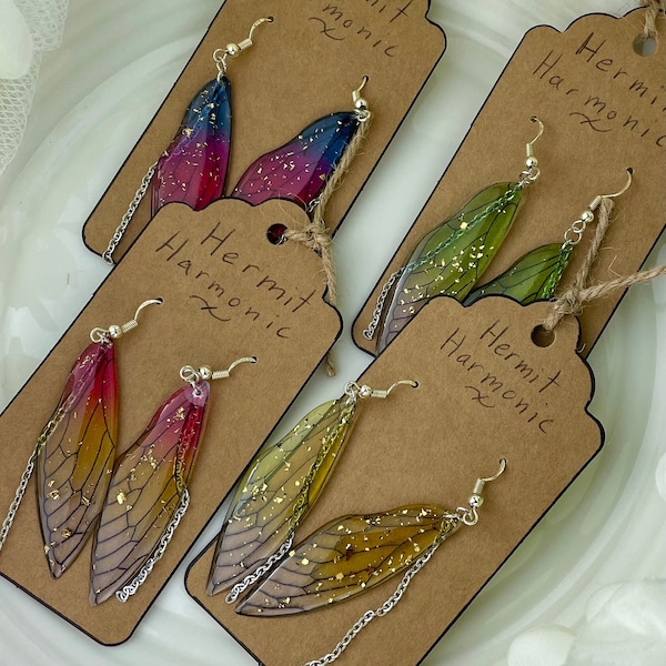 Fairy Resin Wings with Chains Earrings | Gold Speckled Butterfly/Dragonfly Wings Fantasy Earrings