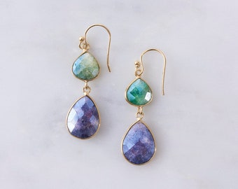 Gemstone Sapphire Emerald Sterling Silver Yellow Gold Drop Earring