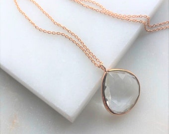 Rose Gold Crystal Quartz Bezel Set 30 Inches Long Chain Pendant