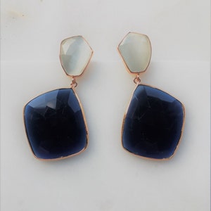 Blue Corundum and White Moonstone Dangle Rose Gold Vermeil Earring