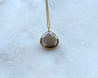 Gold Smoky Quartz Bezel Set 30 Inches Long Chain Pendant