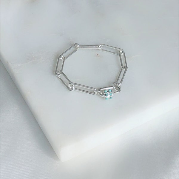 Pure Silver Paper trombone Link Chain Bracelet Turquoise Carabiner Clasp, Think Rectangle Link Bracelet, Open Link Sterling Silver Bracelet