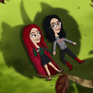 May include: Two cartoon women are lying on their backs in a grassy field. One woman has long red hair and is wearing a green shirt and a black skirt. The other woman has long black hair and is wearing a grey sweater with the letters "SFU" on it. They are holding hands.