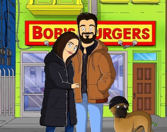 Bob's Burger's Custom Personalized Digital Portrait, Bobs Burgers Portrait, Christmas Gift. Cartoon portrait, Family portrait