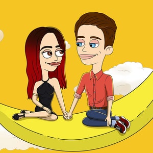 May include: A cartoon couple sits on a yellow banana peel, which is floating in the air. The woman has red hair and is wearing a black dress. The man has brown hair and is wearing a red shirt and blue jeans.