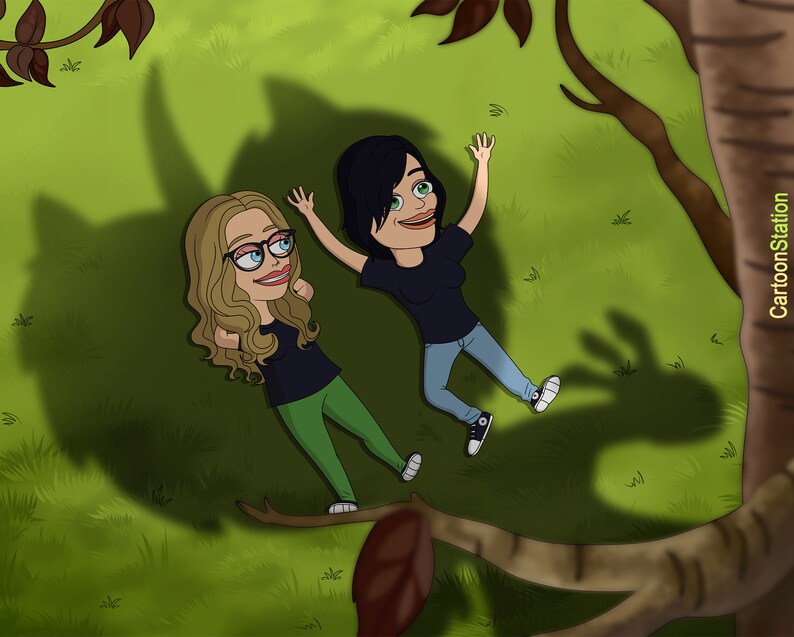 May include: Two cartoon women lay on their backs in a grassy field with their arms raised. One woman has long blonde hair and is wearing a black shirt and green pants. The other woman has short black hair and is wearing a black shirt and blue jeans. The women are casting shadows on the grass.