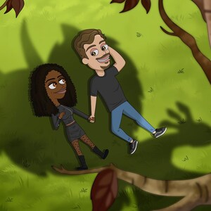 May include: A cartoon illustration of a couple lying on their backs in a grassy area. The woman has long dark hair and is wearing a black dress. The man has short brown hair and is wearing a black shirt and blue jeans.