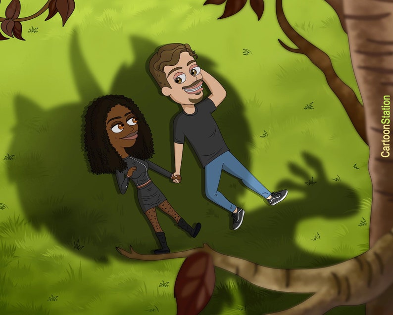 May include: A cartoon illustration of a couple lying on their backs in a grassy area. The woman has long dark hair and is wearing a black dress. The man has short brown hair and is wearing a black shirt and blue jeans.