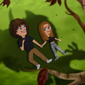May include: A cartoon illustration of a couple lying on their backs in a grassy field. The man is wearing a black t-shirt and brown pants. The woman is wearing a black crop top and black and white checkered pants. They are holding hands and smiling.