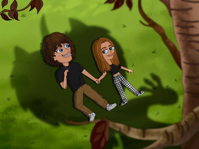 May include: A cartoon illustration of a couple lying on their backs in a grassy field. The man is wearing a black t-shirt and brown pants. The woman is wearing a black crop top and black and white checkered pants. They are holding hands and smiling.