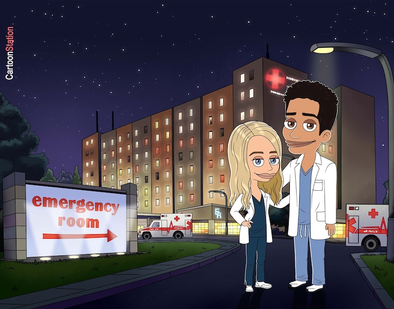 May include: Two cartoon doctors, a man and a woman, stand in front of a hospital at night. The woman is wearing a blue scrub top and white coat. The man is wearing a white coat and blue scrubs. The sign above them reads "emergency room" with an arrow pointing to the right.