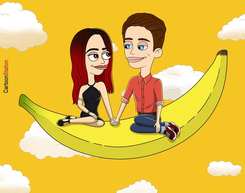 May include: A cartoon couple sits on a yellow banana peel, which is floating in the air. The woman has red hair and is wearing a black dress. The man has brown hair and is wearing a red shirt and blue jeans.