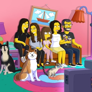 Portret rodzinny na zamówienie, portret z kreskówki Simpsonowie, ilustracja pary, kanapa na zamówienie, prezent dla niego, prezent dla niej, sztuka Simpsonów