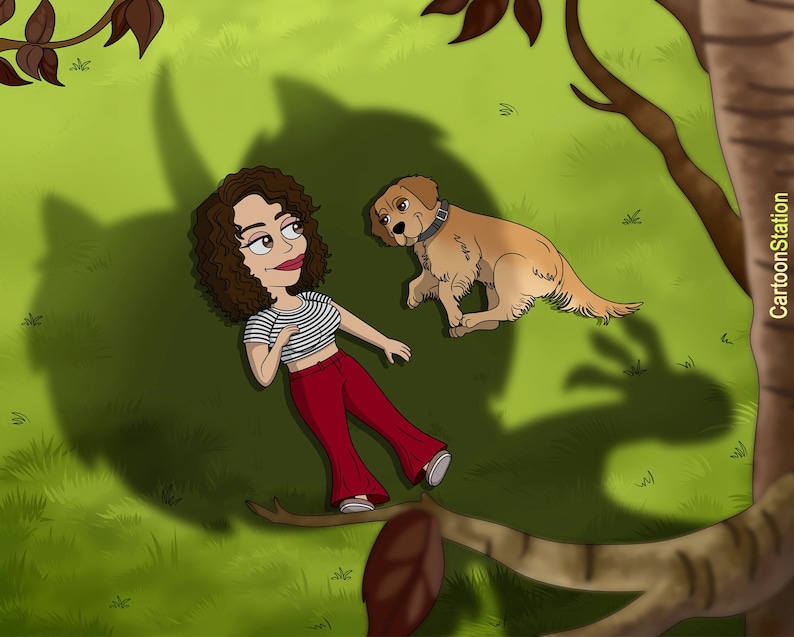 May include: A cartoon illustration of a woman with brown hair and a dog. The woman is wearing a striped shirt and red pants. The dog is a golden retriever with a black collar. The woman and dog are lying on a green grassy field.