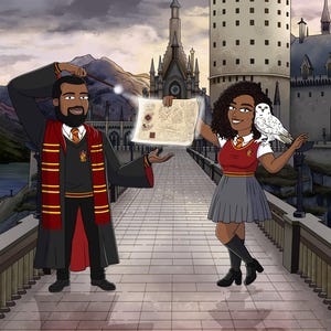 Wizard School Graduate Portrait poster, Wizard and With Couples portrait, Custom Family illustration, Personalized Family gift for him him
