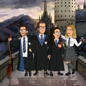 Sale Wizard School Graduate Portrait, Wizard and With Couples portrait Custom Family illustration, Personalized Valentine’s Day gift him