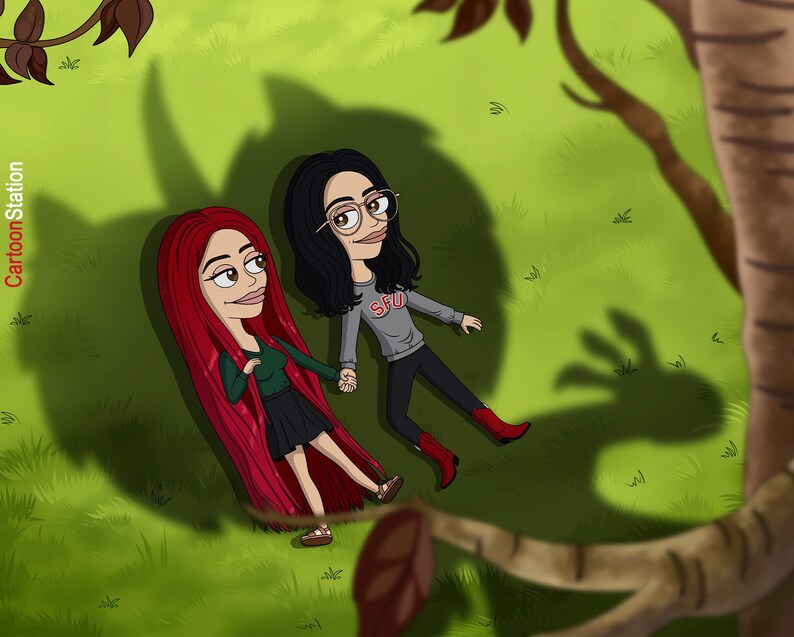 May include: Two cartoon women are lying on their backs in a grassy field. One woman has long red hair and is wearing a green shirt and a black skirt. The other woman has long black hair and is wearing a grey sweater with the letters "SFU" on it. They are holding hands.