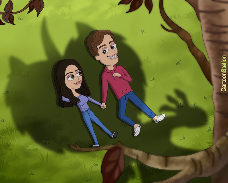 May include: A cartoon illustration of a couple lying on a green grassy field. The woman is wearing a purple shirt and blue jeans. The man is wearing a red shirt and blue jeans. They are both smiling and looking at each other.