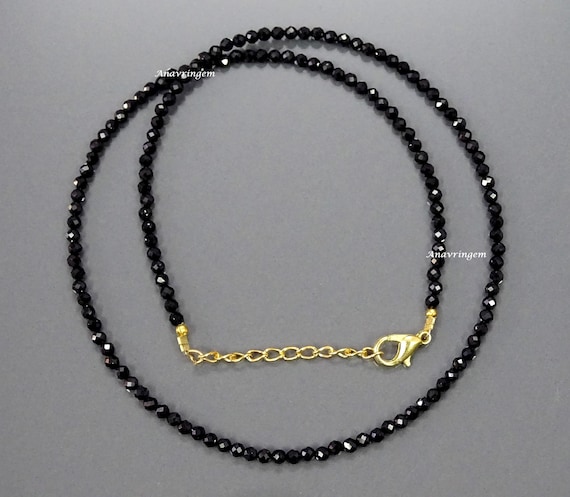 Natural BLACK SPINEL NECKLACE, Spinel Faceted Round Necklace, 24k Gold Plating Chain Necklace, Adjustable Beaded Necklace  Gift For Wife