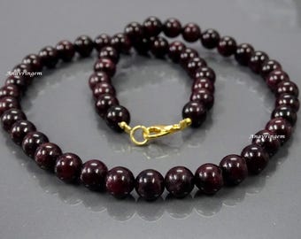 Natural Garnet Necklace, 8mm Round Red Gemstone, AAA Quality
