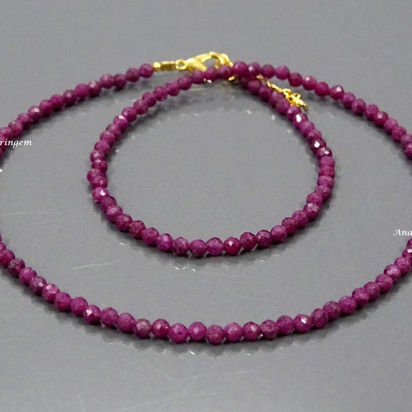 Ruby Necklace – Natural Faceted Rondelle Gemstone – July Birthstone Jewelry – Dainty Red Beaded Necklace Gift for Women